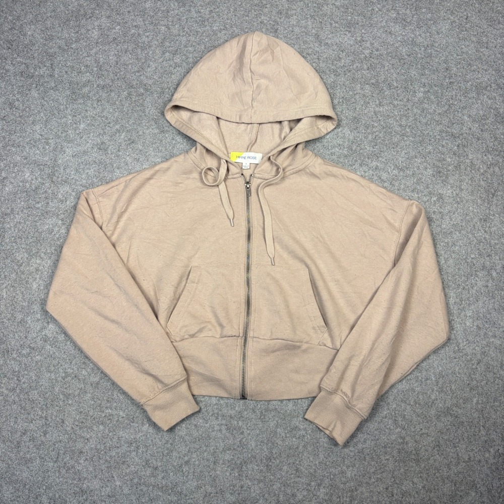 Hippie Rose Womens Small Tan Beige Cropped Full Zip Hoodie Sweatshirt